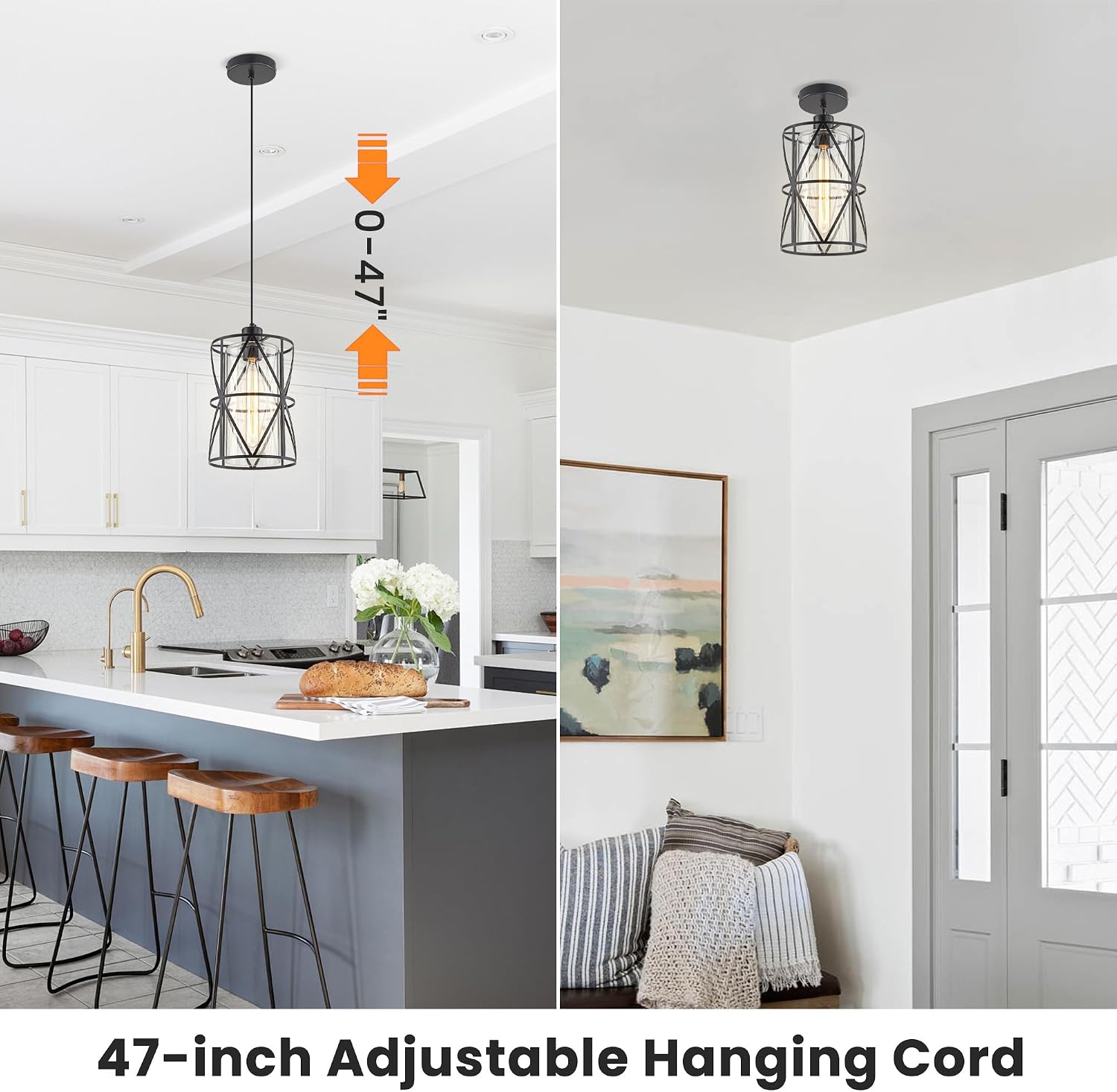 Farmhouse Pendant Lights Kitchen Island, Adjustable Hanging Industrial Pendant Light with Black Cage and Clear Glass Shade, Kitchen Pendant Lighting for Island Bathroom Over Sink Hallway