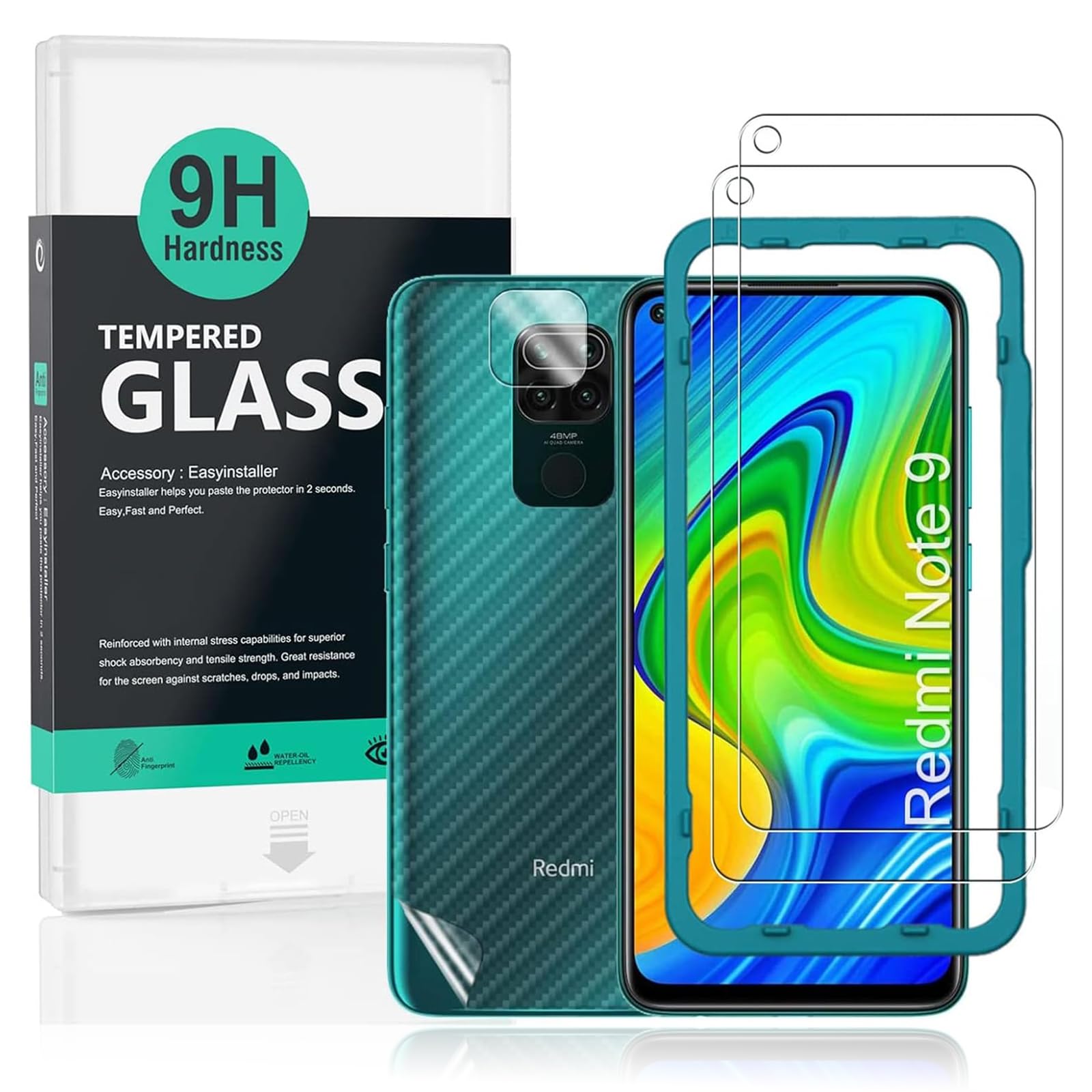 Ibywind Screen Protector (2 Pack) For Redmi Note 9T(5G),9H Hardness Tempered Glass,With 1Pc Camera Lens Protector,1Pc Back Protector,Easy To Install