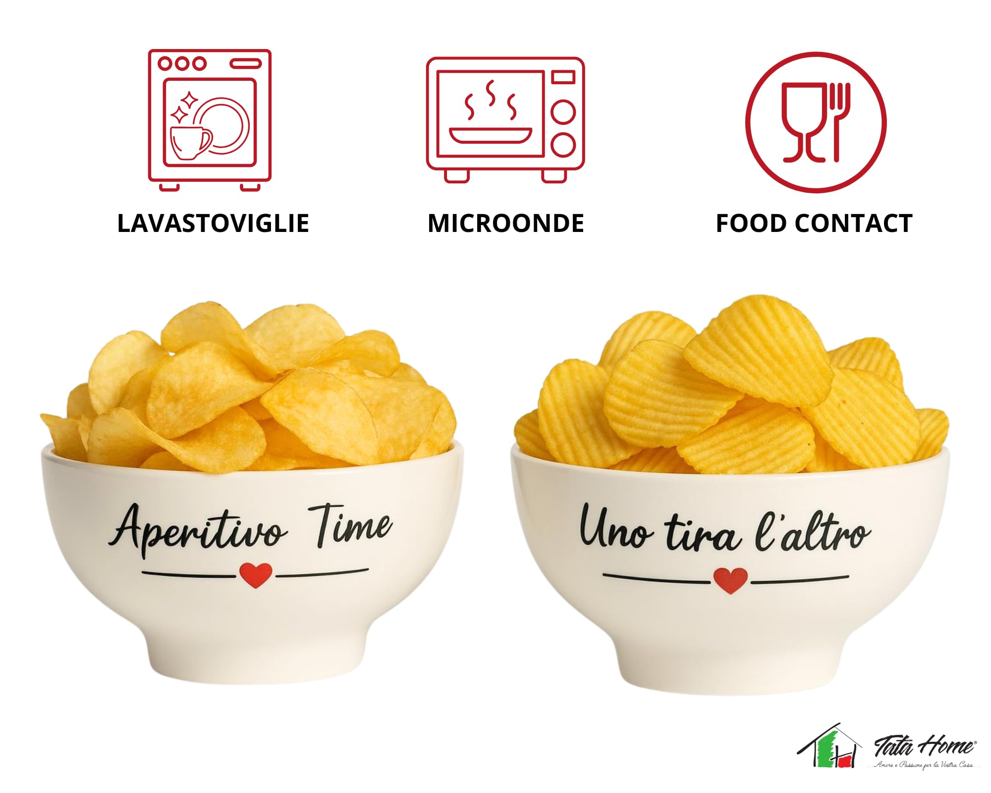 Tata Home Set 6 Ciotole per Aperitivo in Porcellana Bianca con Scritte Shabby Chic Ciotoline per Salsa Snack Patatine Accessori Aperitivo Misura Small 11,5x6 cm Mod. HappyLove