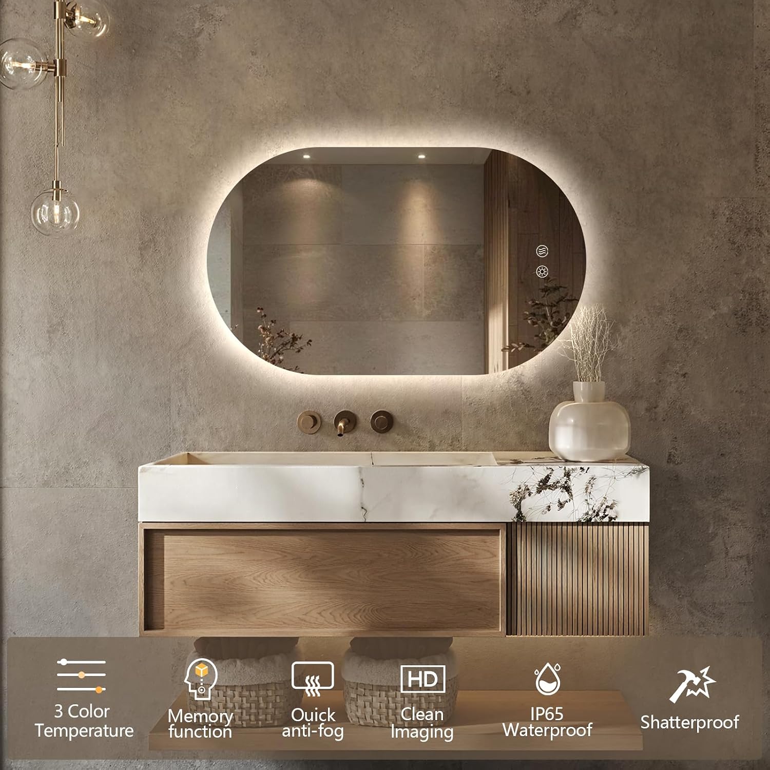 40" x 24" Oval LED Mirror for Bathroom, Backlit Vanity Mirror with Lights, Frameless Smart Wall Mirror, 3 Colors Adjustable, Anti-Fog, Shatterproof, Memory, CRI95+(Horizontal/Vertical)