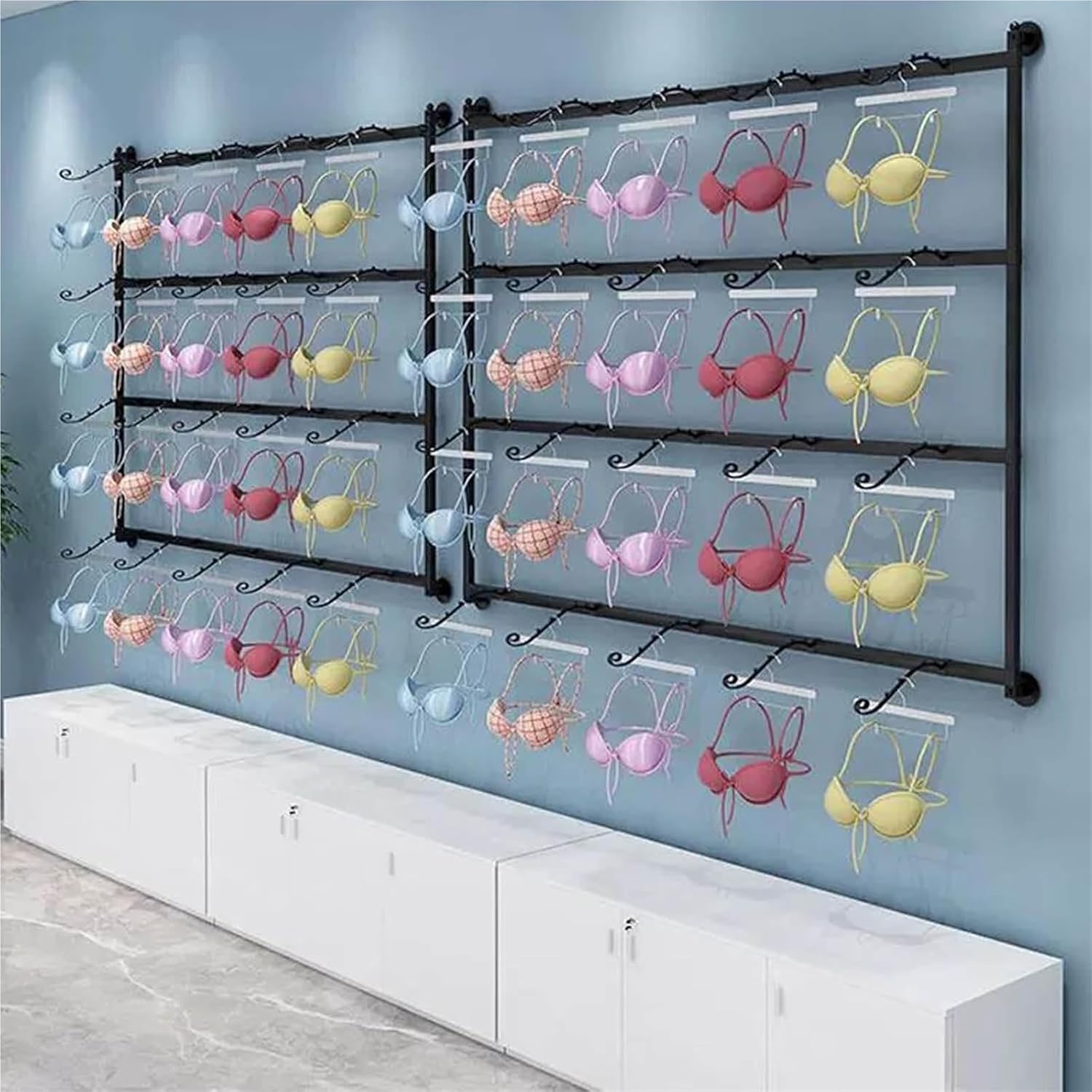 Wall-Mounted Lingerie Display Rack, Commercial Clothing Store Stand for Bras, Underwear, and Socks - Metal Garment Shelf, Boutique Retail Solution (Gold, 150x120cm)