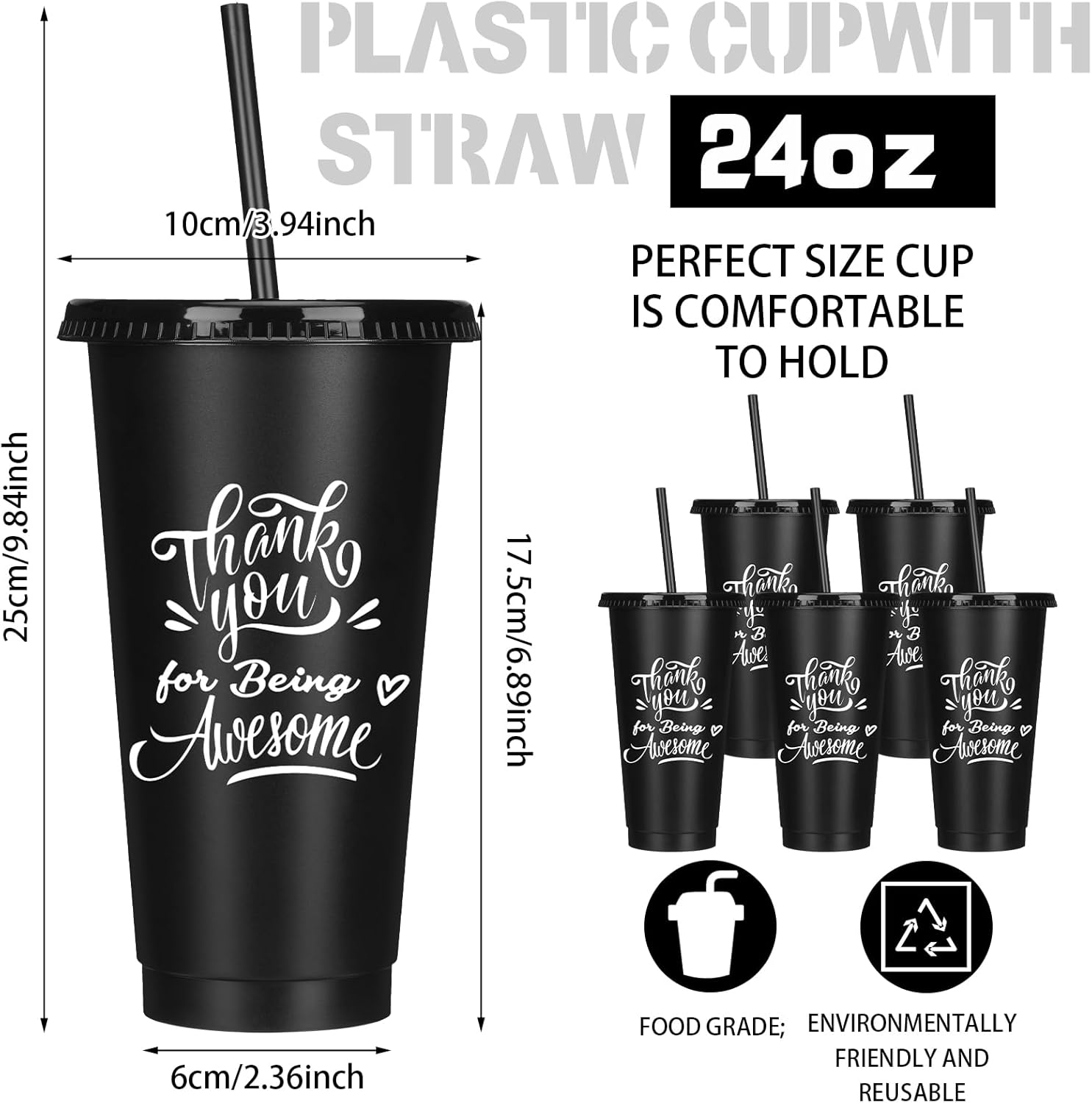 Mifoci Bulk Employee Appreciation Gifts 24oz Plastic Cups Tumblers with Straw Lid Staff Team Teacher Appreciation Gifts Reusable Inspirational Cups for Coworker Employees Volunteer(Black,15 Pcs) - Image 2