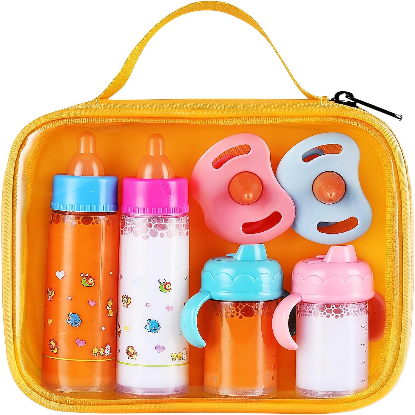 Magic Disappearing Milk and Juice Bottle with Pacifier,6 Pieces Pretend Play Feeding Toy Set with Yellow Package, Baby Doll Accessories