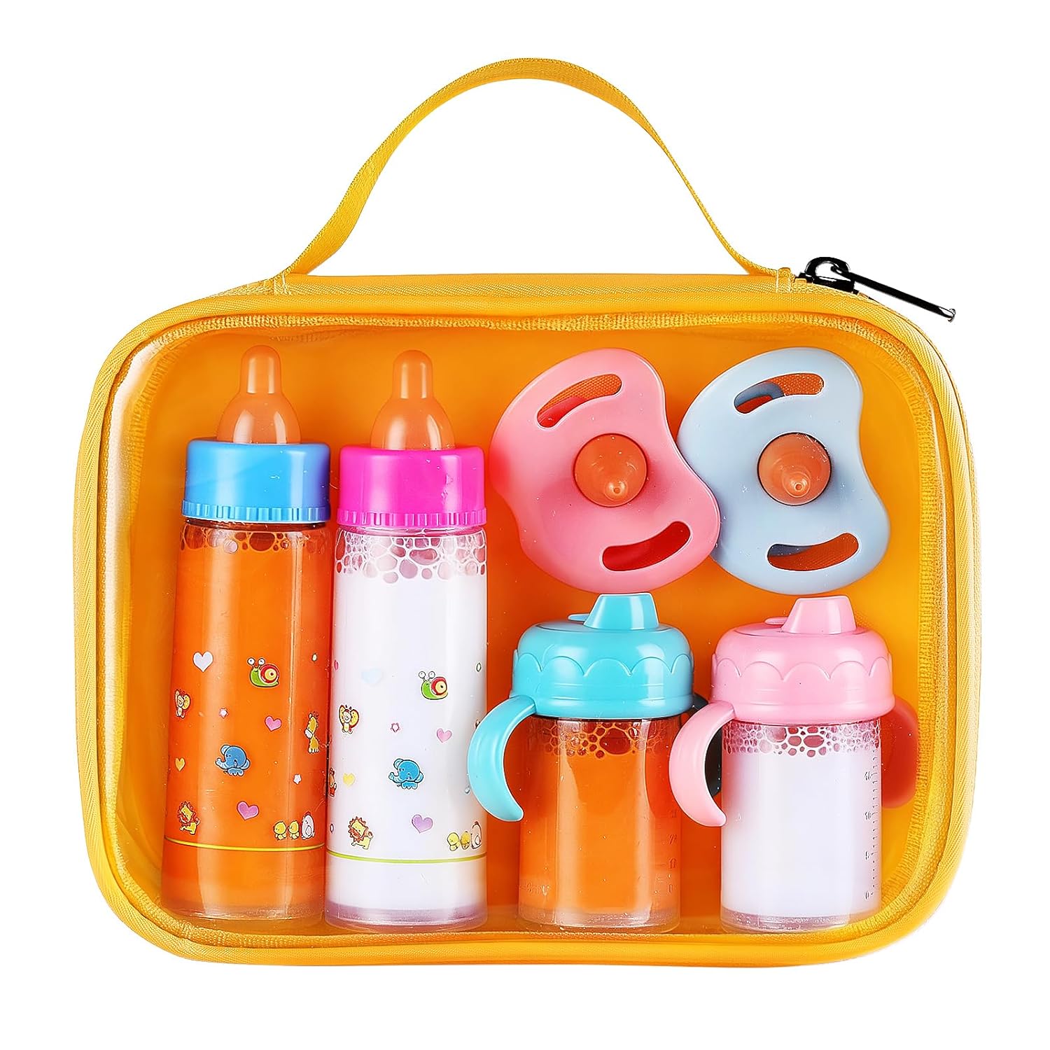 Magic Disappearing Milk and Juice Bottle with Pacifier,6 Pieces Pretend Play Feeding Toy Set with Yellow Package, Baby Doll Accessories