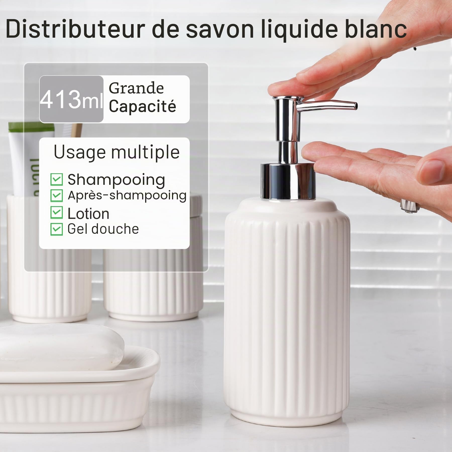 NOVAJOY Ensemble de salle de bain en céramique 5 pièces avec distributeur de savon, porte-savon, porte-brosse à dents, boîte à cotons-tiges, beige et blanc