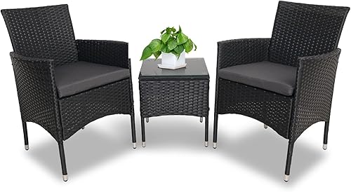 Juego de muebles de patio de 3 piezas, sillas de mimbre de ratán de polietileno para exteriores con cojines de asiento y mesa auxiliar con mesa de