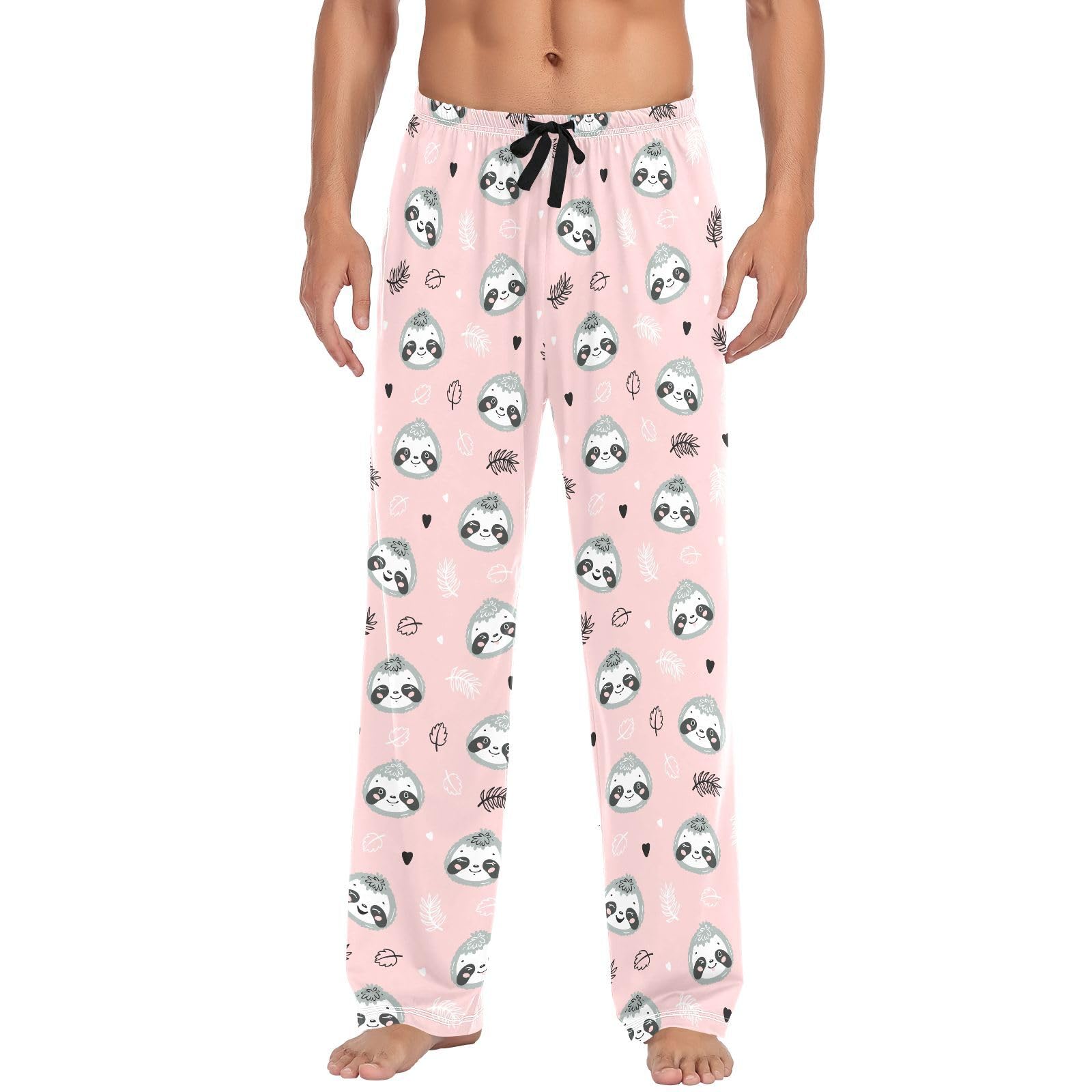 Pyjamahose für Herren, Faultiergesicht, tropisches Blatt, 100 % Baumwolle, Schlafhose, gerade Passform, Pyjamahose mit Taschen, Kordelzug, Größe L, mehrfarbig, L