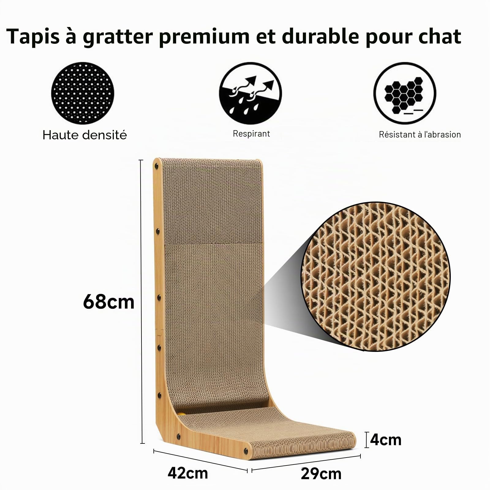 FUKUMARU Planche Gratter en Forme de L de 68 cm de Haut pour Mur et Coin, Grattoir pour Chat avec Balle Jouet pour Chats d'intérieur