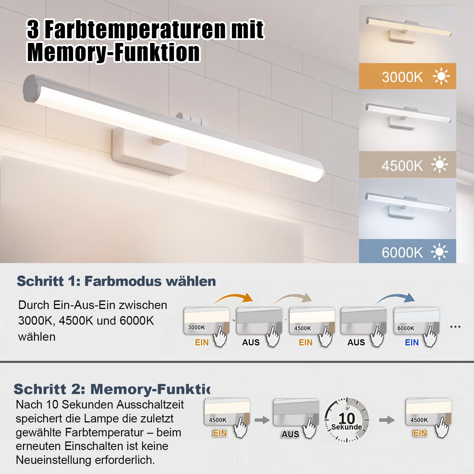 OOWOLF Lampada da Parete per Specchio Bagno 45cm 12W LED, Luce Regolabile 3 Temperatures (3000K-6500K) con Interruttore, Faretti Orientabili per Quadri, Vanità, Soggiorno e Corridoio