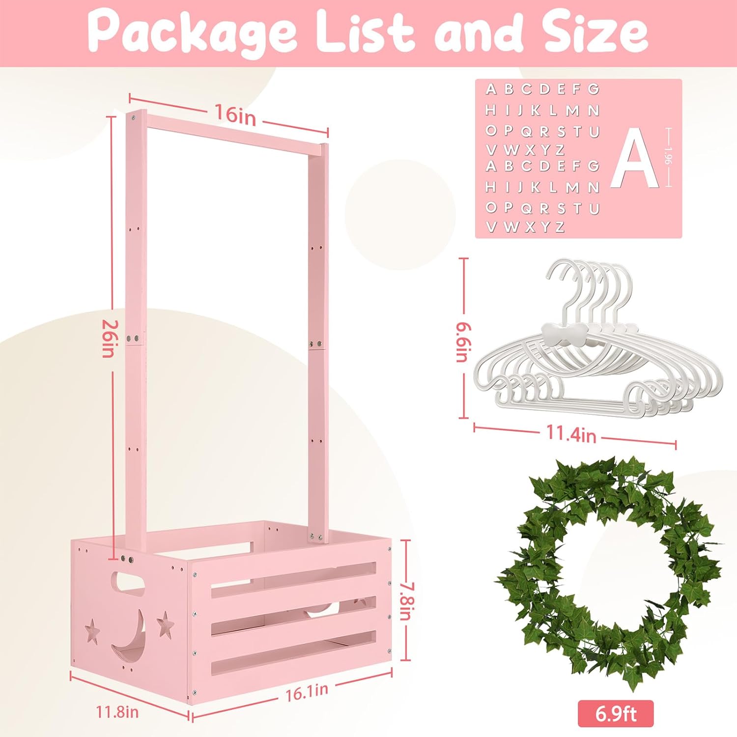 Large Baby Shower Gifts Basket Wooden Crate, Personalized Wooden Letters Hangers New Born Baby Girl Boy Pregnancy Gifts for New Mom Parents Vine Decorations Cute Closet with Adjustable Handle Pink