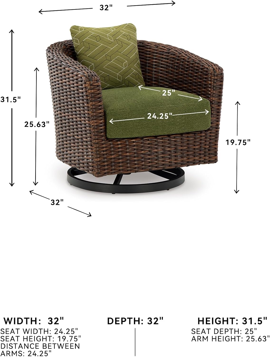Signature Design by Ashley Horizon Hall Casual Nuvella Weather Resistant Fabric Outdoor Swivel Lounge Chair with Cushion and 1 Throw Pillow, Green & Dark Brown