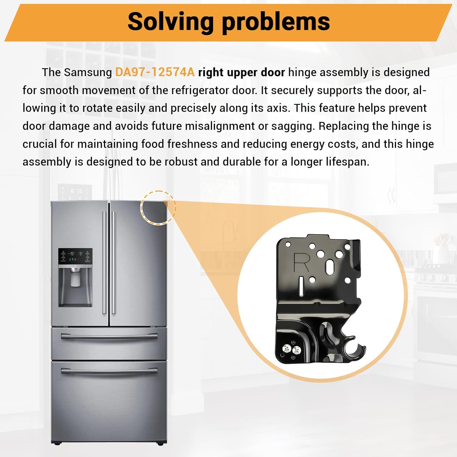 DA97-12574A Upper Right Hinge Assembly Compatible with Samsung RF28HMEDBSR RF28HMEDBWW RF28HMEDBBC RF24FSEDBSR etc Refrigerator (Some Models), Replace Number: 3447596 AP5620920 PS4176618 etc