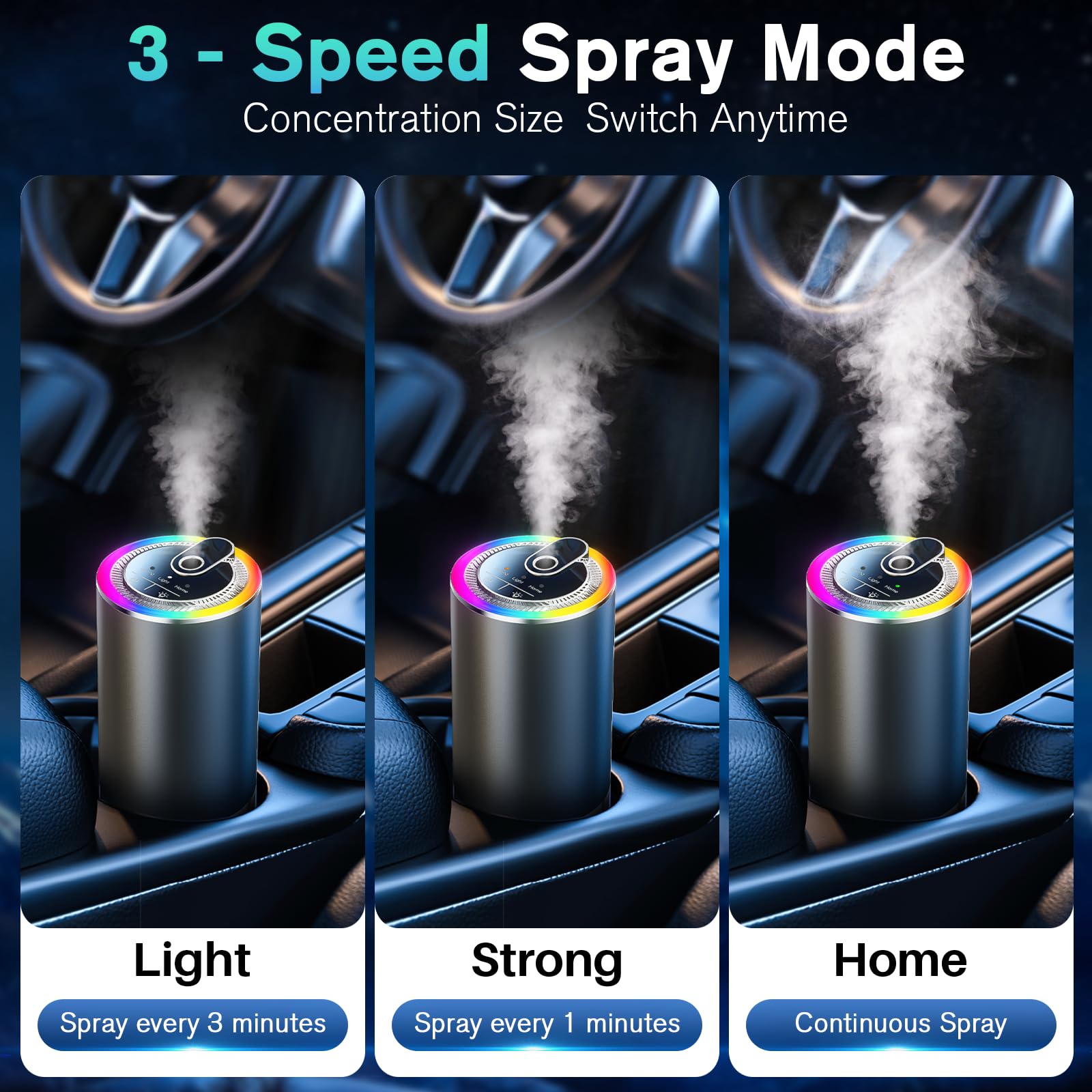 Ambientador inteligente para coche, ambientador de olor de coche, luces de sincronización de música, encendido/apagado automático, potente batería integrada, difusor ajustable para coche, niebla