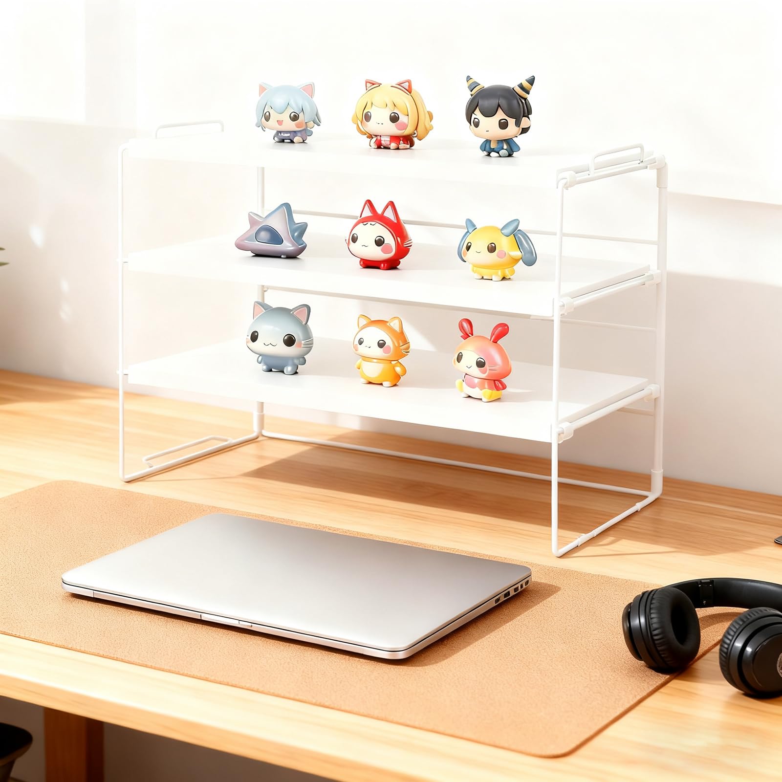 powerking Desk Shelf Organiser, Desktop Display Shelf for Figures, Adjustable Bookshelf Storage Rack and Office Cubicle Decor for Tabletop, Office, Dorm (White, 3 Tier)