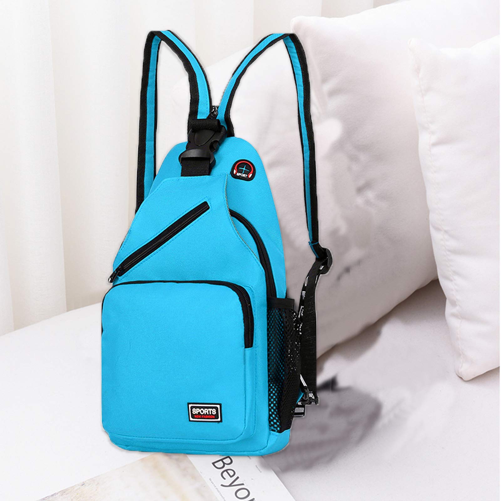 FANDARE Femme Sac de Poitrine Petit Sacs à Dos avec Trou pour écouteurs Sac à Bandoulière Fille Sacoche Bandouliere Sling Bag pour la Randonnée Vélo Camping Polyester Durable Bleu