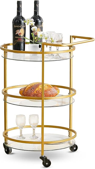 Warmiehomy 3 Tier Drinks Trolley Gold Bar Cart on Wheels with Glass Shelves, Kitchen Storage Trolley for Home Living Room and Restaurant, 43×43×70cm Serving Trolley