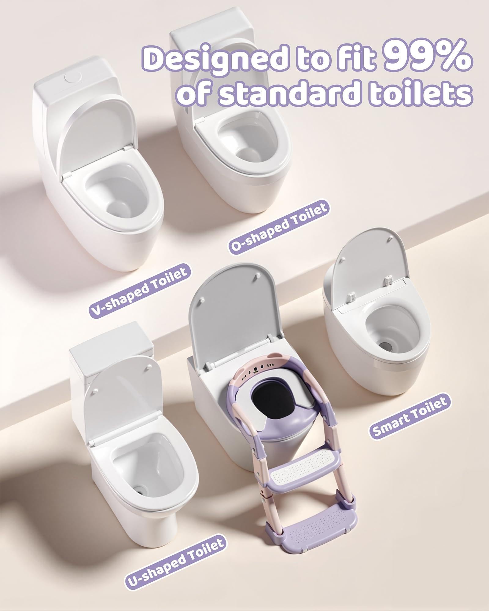 Riduttore WC Bambini, Scaletta WC Pieghevole 3 in 1 per Bambini, Antiscivolo e Impermeabile, con Paraspruzzi, Sedile WC per Bambini per L'addestramento Indipendente dei Bambini al Vasino (Viola)