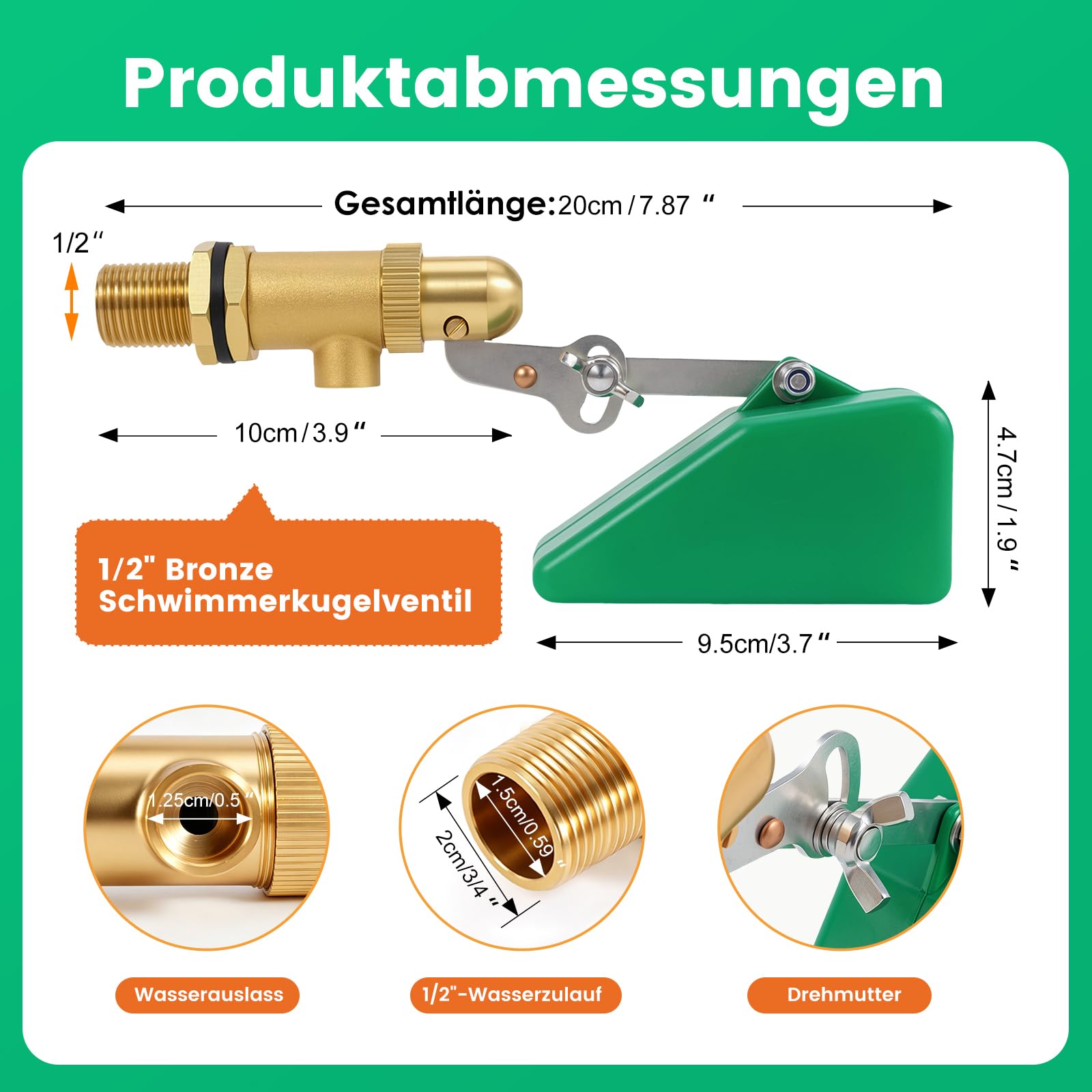 1/2" Schwimmerventil, Messingventil mit Kunststoffschwimmer, schwimmender Kugelhahn mit verstellbarem Arm, automatische Wassernachfüllung, für Fischbecken, Hundetränken, Rinder- und Schafstränken