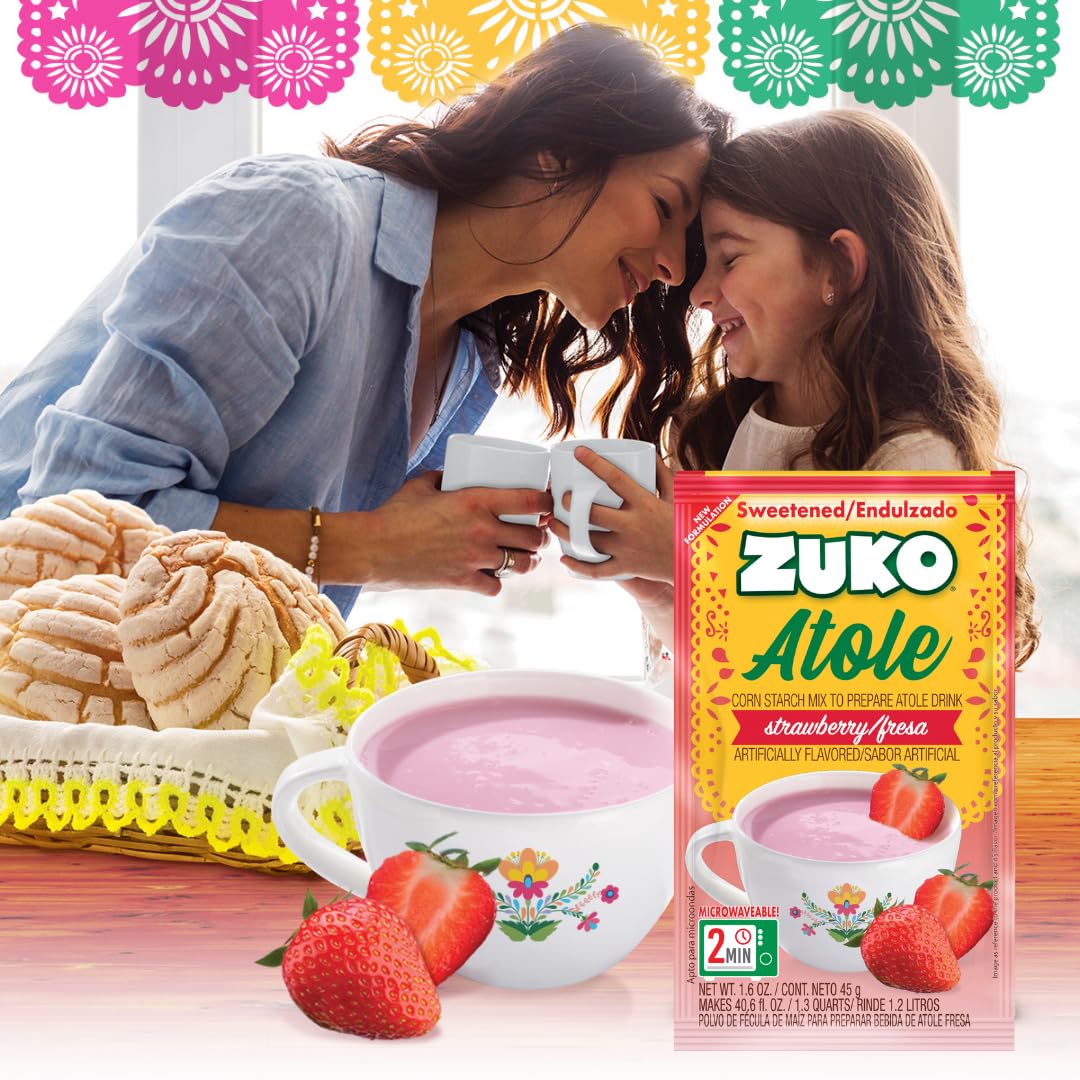 Zuko Atole Strawberry Instant Corn Starch Mix | Fortified with Vitamins | Just Add Hot Water | Microwaveable In Only 2 Minutes | 1.6 Ounce (Pack of 24)
