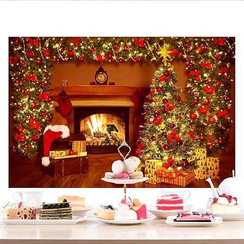 Miniatura 4 de Lofaris Telón de fondo de chimenea de Navidad de 9 x 6 pies, diseño vintage, medias de árbol de Navidad, fuego brillante, fotografía, fondo,