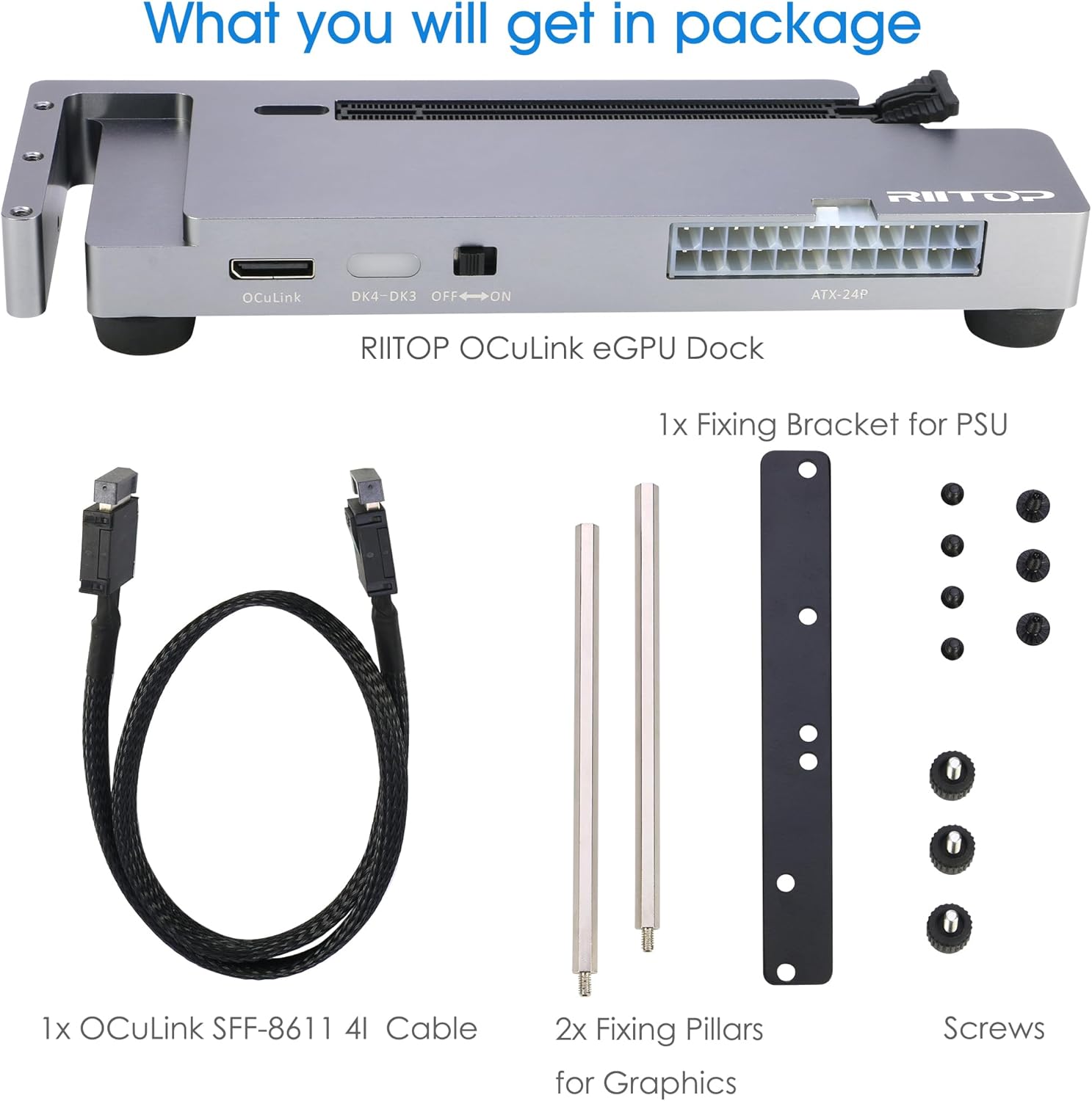 RIITOP OCuLink eGPU Dock 64Gpbs Oculink SFF-8612 External GPU Enclosure for PCIe 4.0 x16 Graphics Cards