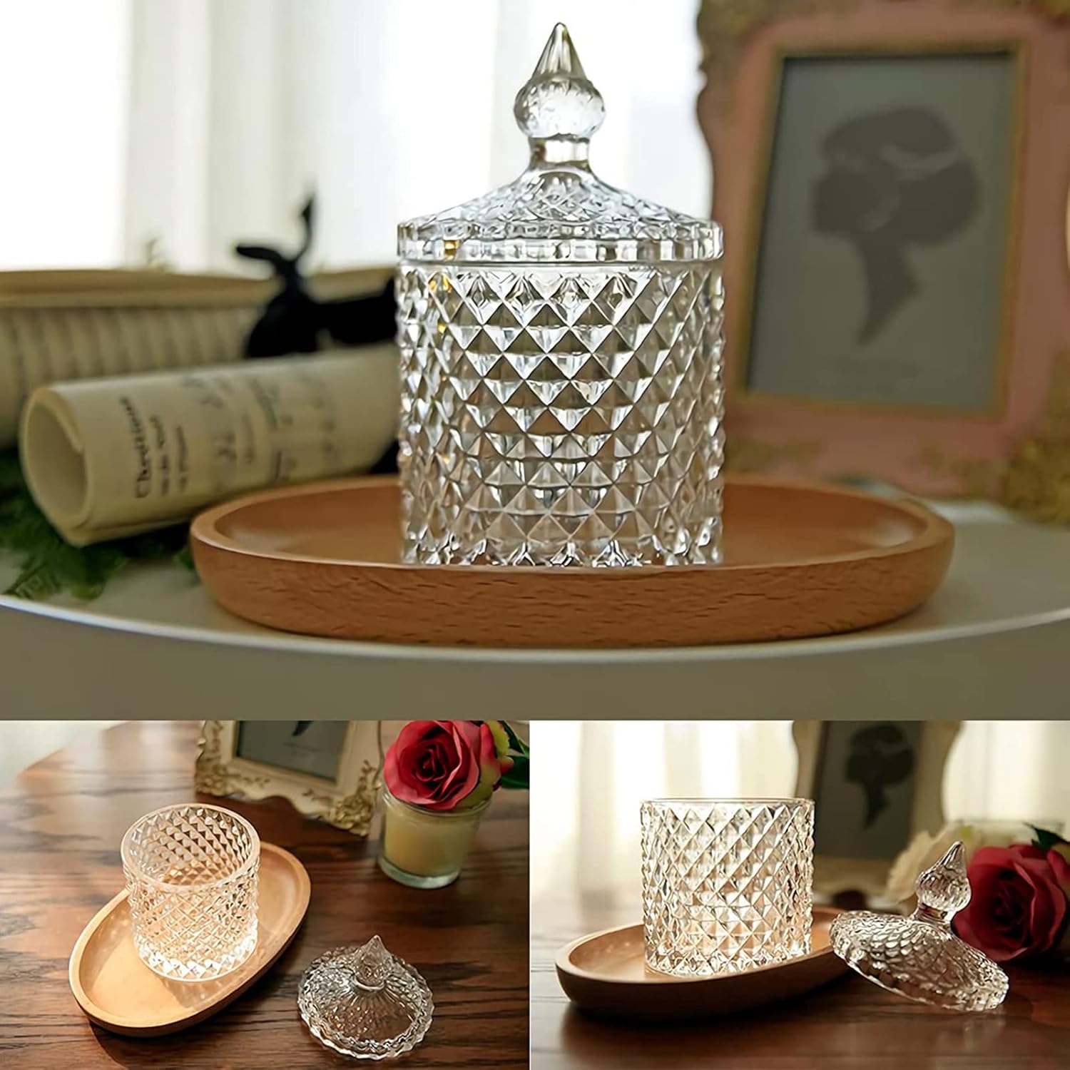 rejomiik Qtip Holder Glass Apothecary Jars with Lid Bathroom Accessories Vanity Organizers and Makeup Storage for Cotton Swabs, Balls, Pads, Floss Picks, Candy, 2 Pack Small and Large Clear