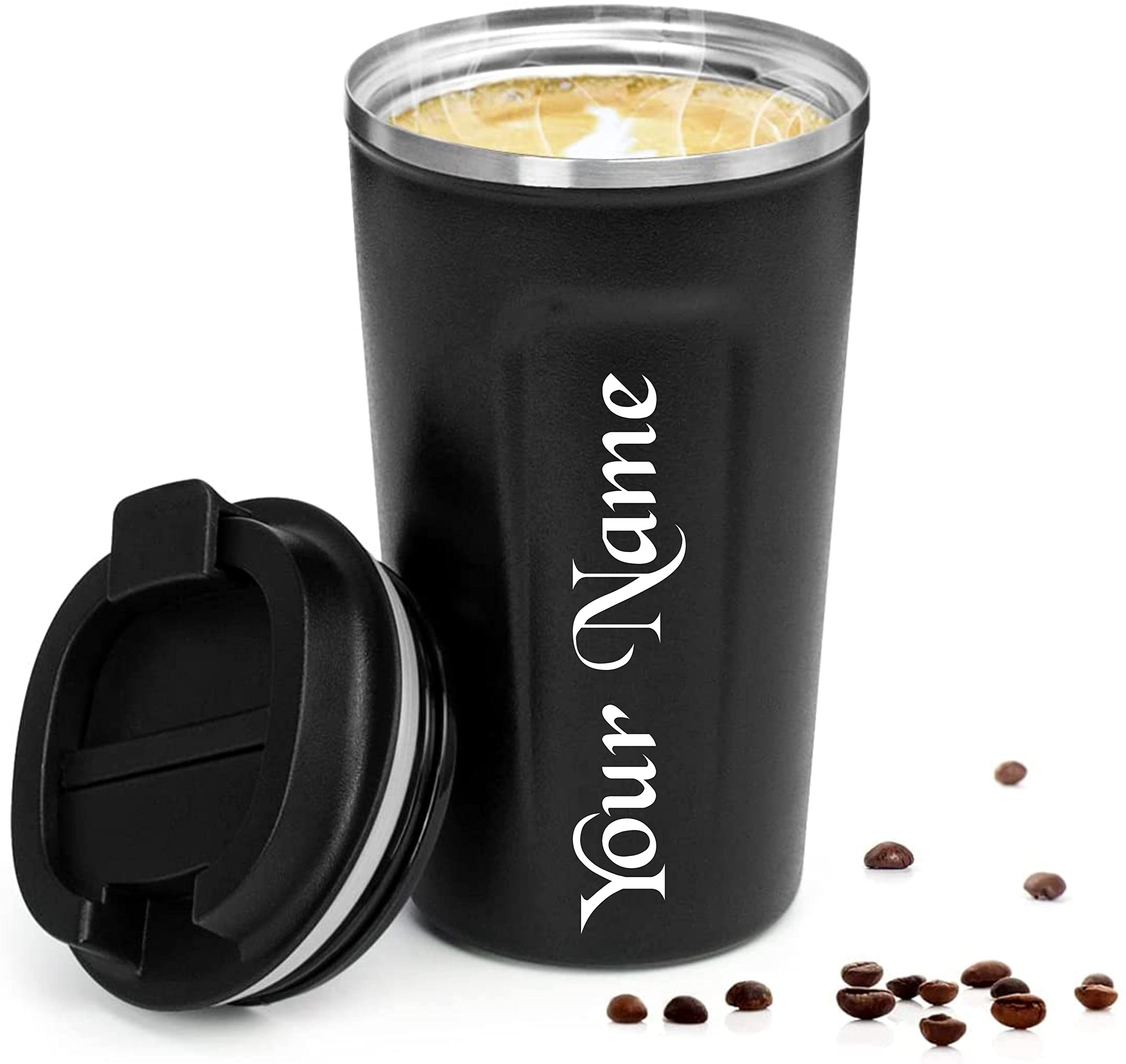 Himoksh Customized Coffee Mug Insulated Travel Coffee Mug, Spill & Leak Proof, Stainless Steel Coffee Tumbler, Reusable Thermal Coffee Cup with Lid for Hot & Cold Drinks (Black)