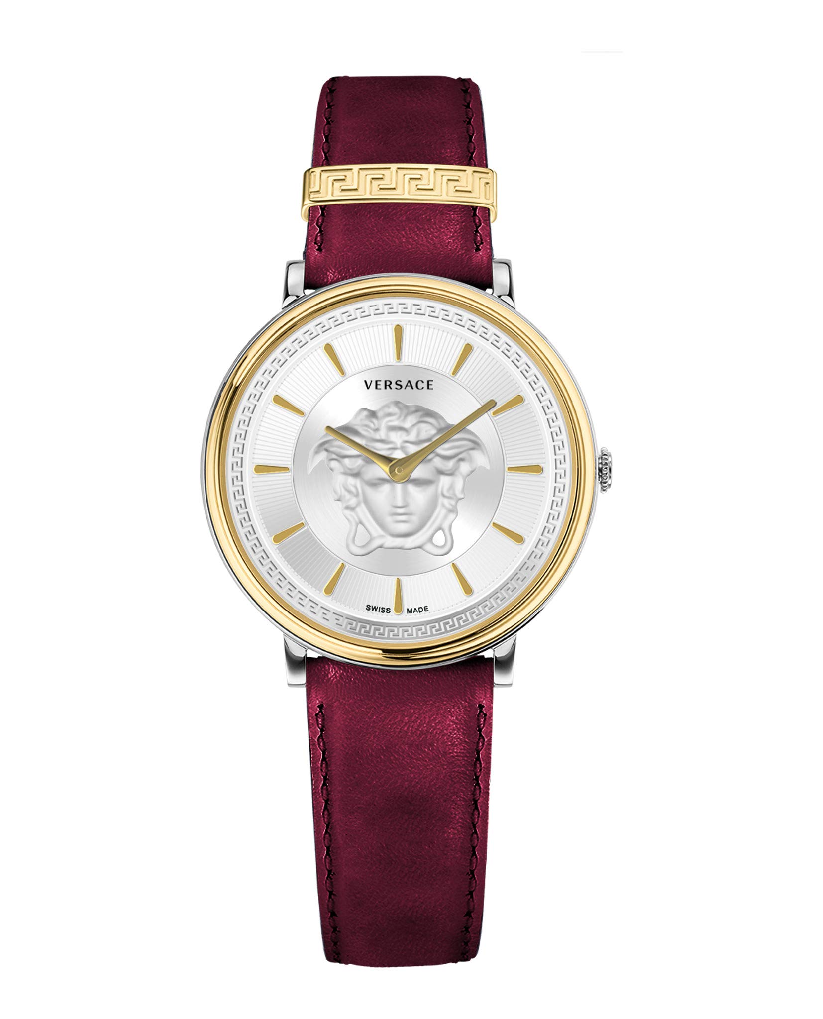 Versace - Reloj de Mujer de Cuarzo a la Moda, Correa de Piel roja, Caja de Acero Inoxidable, Esfera analógica Gris - VE8101819