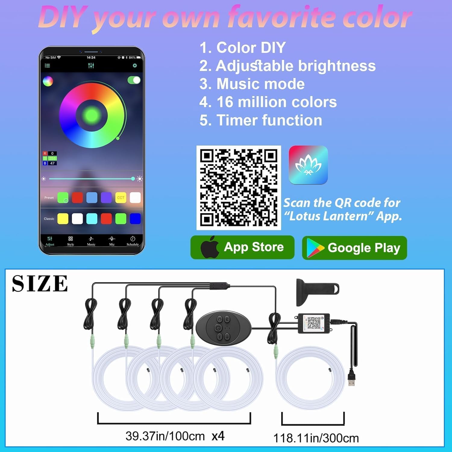 5 in 1 Car Led Strip Lights with App Control, RGB Colors Interior Car Lights, Ambient Led Lighting Kit, 4 Light Flashing Modes, USB Neon Accessories for Doors, Center Console