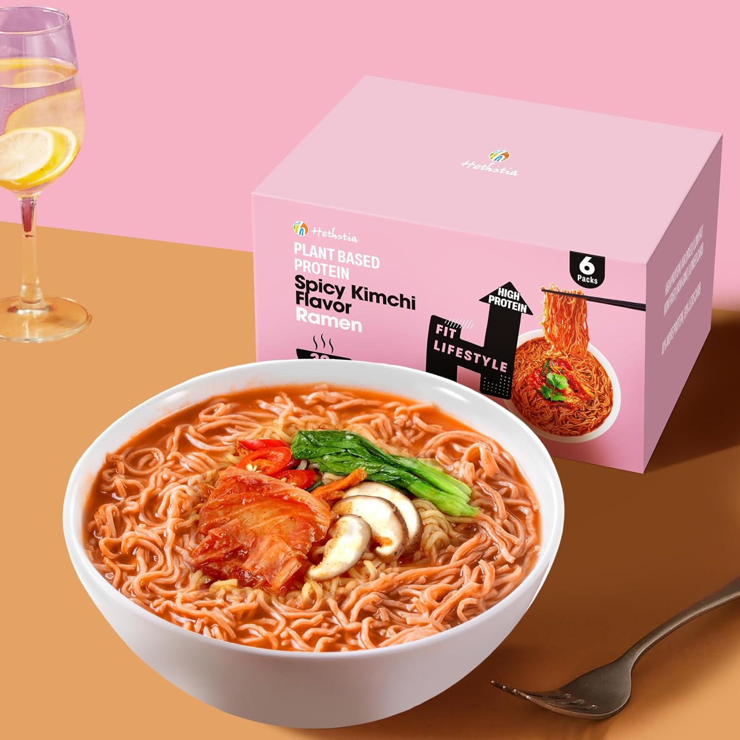 Hethstia Protein Ramen Spicy Kimchi Flavor, 6-Pack Instant Kimchi Noodle Soup, 32g Plant-Based Protein, Vegan, Low Fat, Non-GMO, Healthy High Protein Ramen Meal