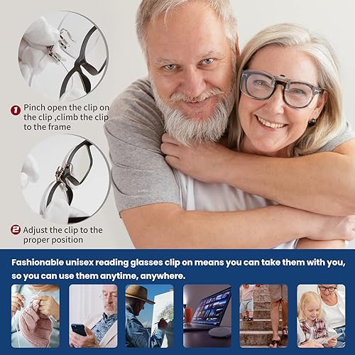 Miniatura 2 de Riwissipa Lentes de lectura abatibles con clip con bloqueo de luz azul para hombres y mujeres, lupas para anteojos, anteojos sin marco