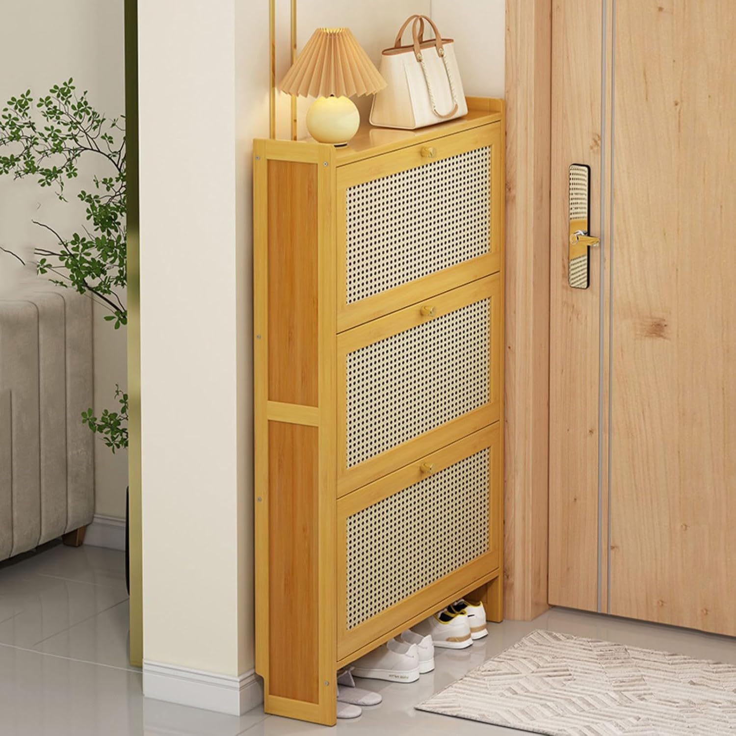 Shoe Storage Cabinet Cabinets Hallway Slim Cupboard Cupboards Hallways Slimline，Ultra Slim 2 3 Tier Bamboo Shoe Cabinet with Flip up Drers Narrow Solid Wood Shoe Rack for Entryway Hallway Be