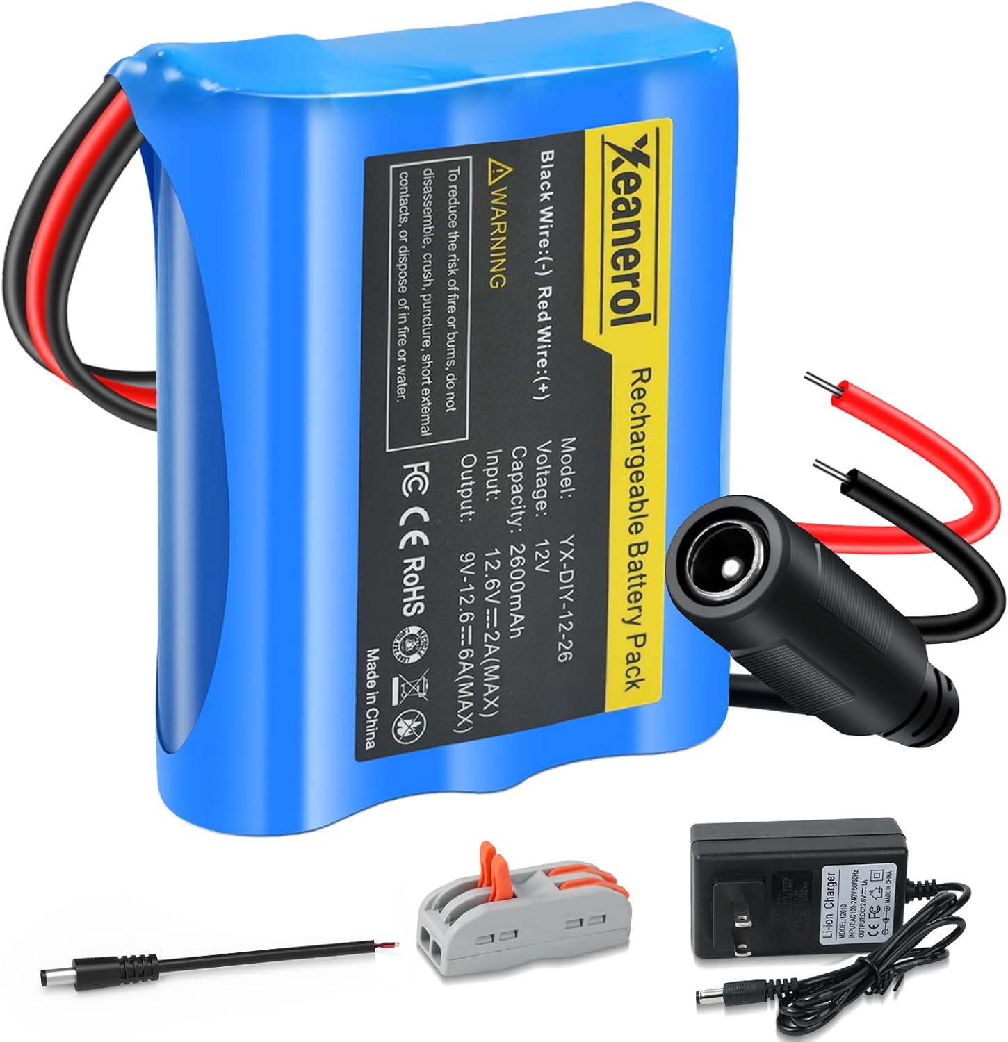 12V 2600mAh Rechargeable Li-ion Battery Pack with Charger, Bare Leads Wire Replacement Lithium Battery Compatible with 12 Volt Devices RC Car, Boat, Robot, DIY, LED Light Strip, CCTV Camera