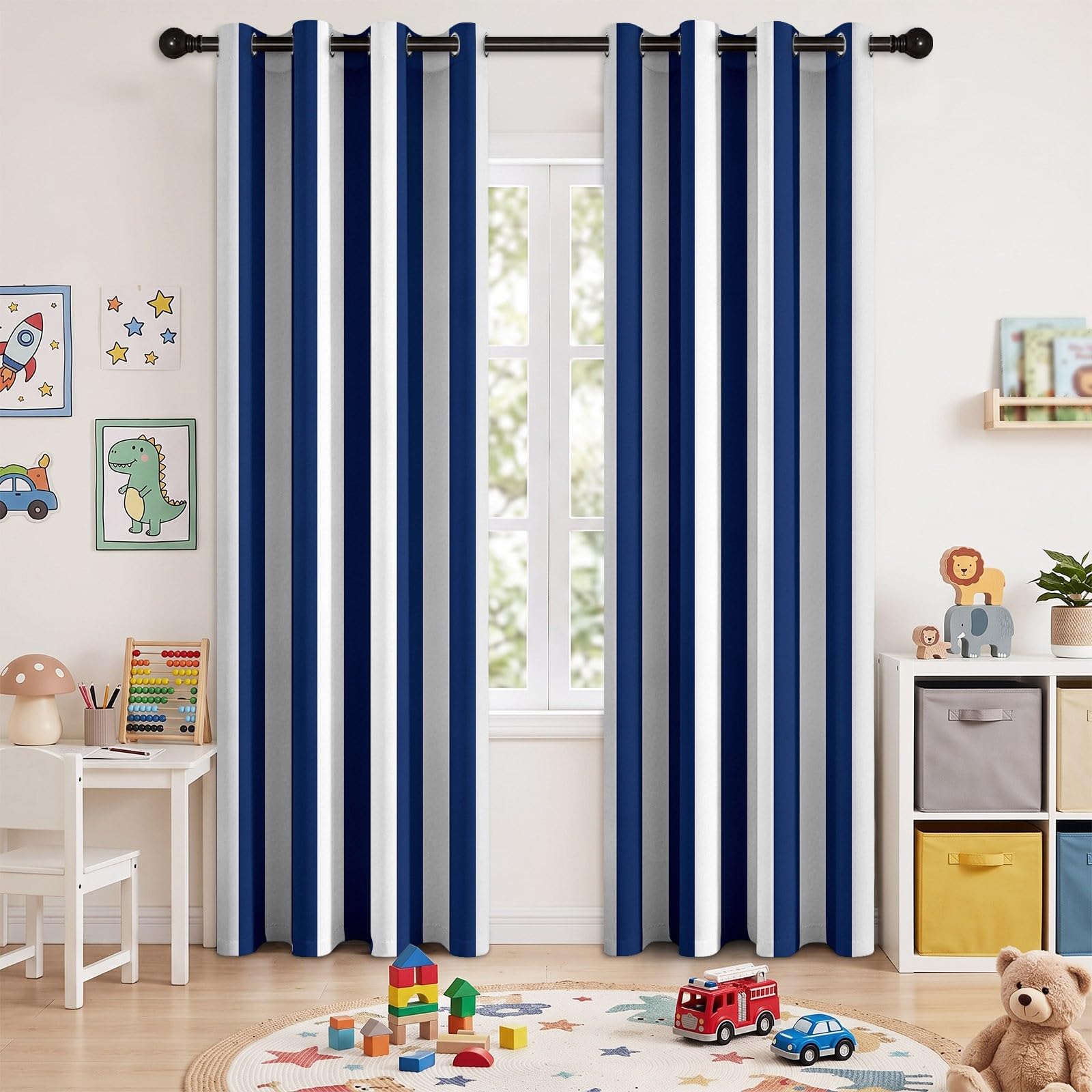 Tende moderne, geometriche, blu marino, per ragazzi e ragazze, classiche, oscuranti, con occhielli, per cameretta dei bambini, camera da letto, 245 x 140 cm (altezza x larghezza), 2 pezzi