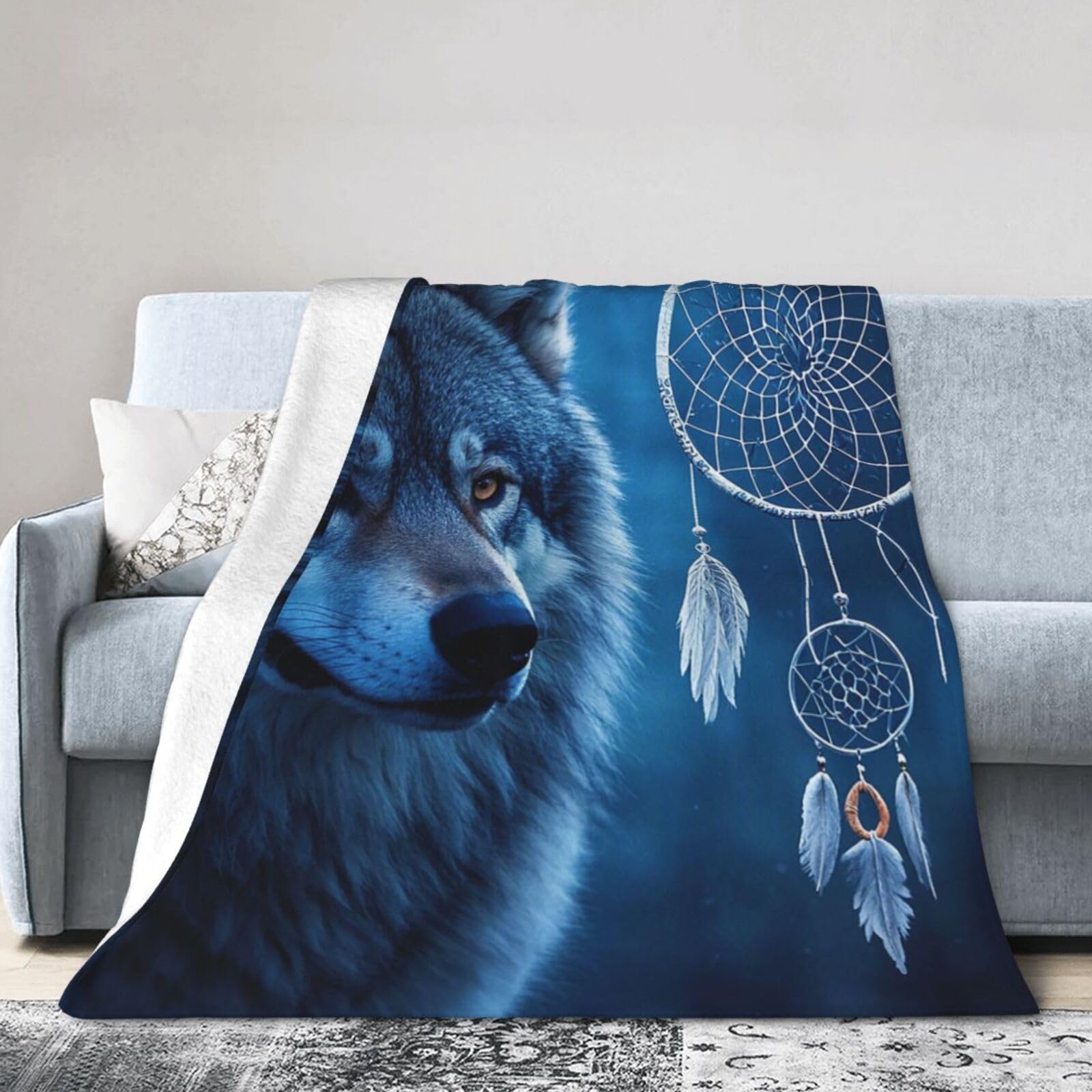 COWMGHLDFL Throw Blanket Soft Cozy Bed Blanket 80"x60" Reversible Plush Blanket wolves and dream catchers Flannel Blankets Warm Cozy Throws for Sofa Couch Bed