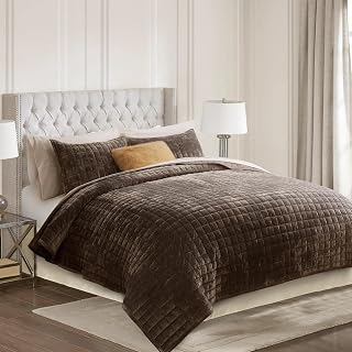 RECYCO Channel Box Stitch Velvet Quilt Set, Full Queen Size, Walnut Brown