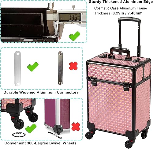 Miniatura 6 de AROUS Estuche de tren de maquillaje rodante, carrito de viaje para cosméticos, 4 bandejas con riel deslizante, capa media extraíble con ruedas