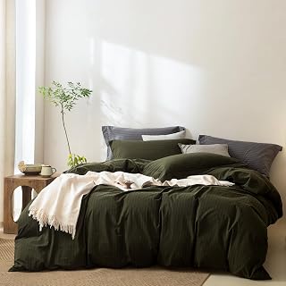 BDEAR 3 Pieces Pinstripe Duvet Cover King Size 104''W x 90'' L, 100% Washed Cotton Olive Green and Black Striped Duvet Cover with Zipper Closure Plus 2 Pillowcases, Oeko TEX Standard Certificated