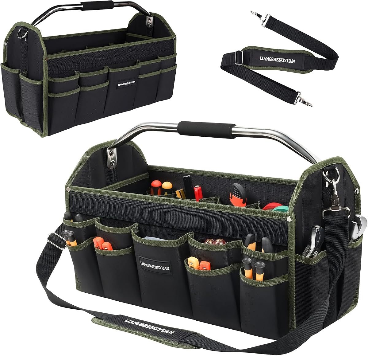 20In Electrician Tool Bag, Foldable Bags For Men Heavy Duty, Open Top Tool Tote, 30 Pockets Can Hold Many fittings, Organizer Stainless Steel Handle and Removable Shoulder Strap