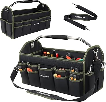 22In Electrician Tool Bag, Foldable Bags For Men Heavy Duty, Open Top Tool Tote, 30 Pockets Can Hold Many fittings, Organizer Stainless Steel Handle and Removable Shoulder Strap
