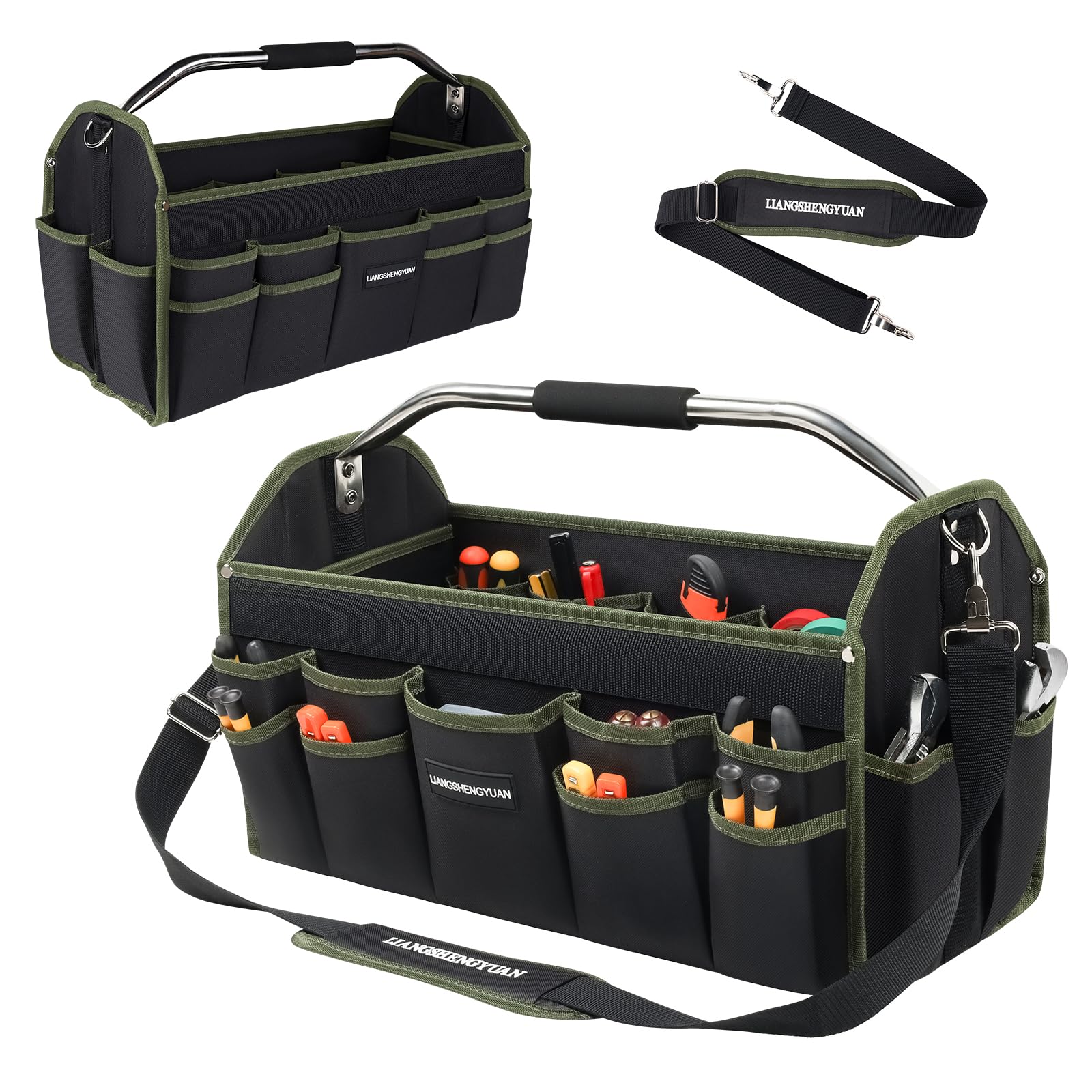 16 In Electrician Tool Bag, Foldable Bags For Men Heavy Duty, Open Top Tool Tote, 30 Pockets Can Hold Many fittings, Organizer Stainless Steel Handle