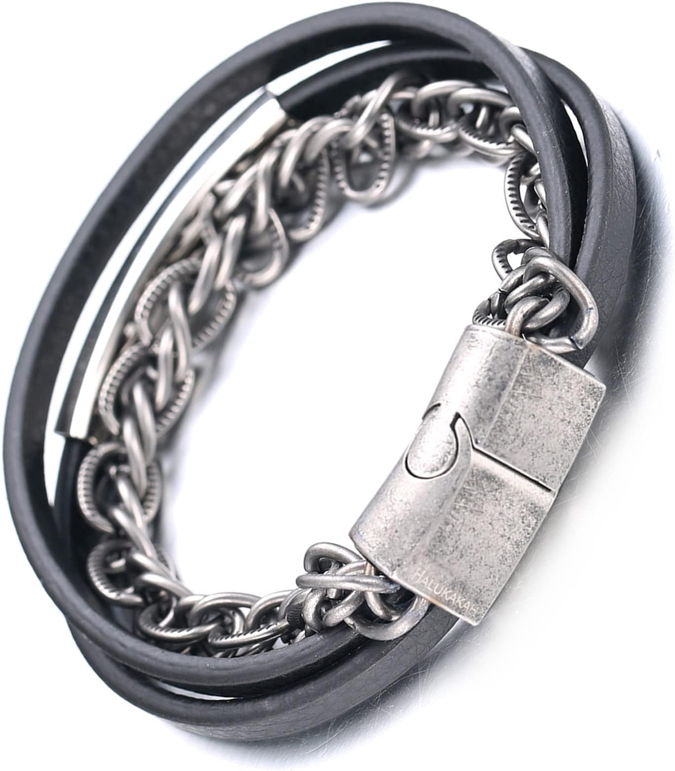 HalukakahBracelets for Men Vikings, Solid 24k Gold Plated/Distressed Silver Retro Titanium Steel Cross Star Multi Wrap Handmade Leather Bracelet Magnetic Clasp 21.5cm, Free Giftbox