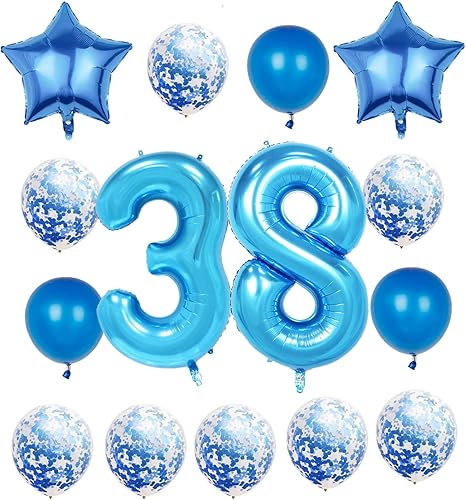 Decoraciones de cumpleaños de 38 años, suministros para fiestas, globo azul del número 38, globos gigantes de aluminio Mylar de 40 pulgadas para