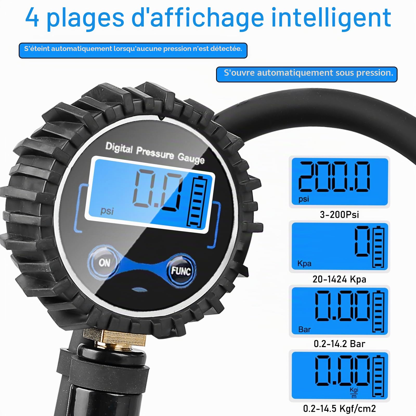 Gonfleur de pneu, manomètre numérique 200 PSI, gonfleur de pneu calibré, jauge de pression des pneus, testeur de pression des pneus haute précision pour voiture/moto/vélo