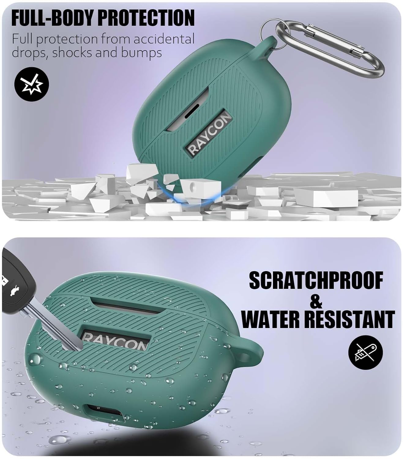 [3 in 1] for Raycon Everyday Earbuds(2024 Edition) Case Cover with Cleaner kit, LOGO Visible Design Shockproof Silicone Protective Cover for Raycon Everyday Earbuds with Carabiner-Pine Green - Image 2