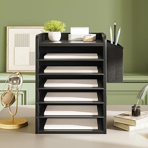 Miniatura 6 de HOOBRO Clasificador de correo ajustable para encimera, organizador de papel de madera de 6 niveles, organizador vertical de literatura con