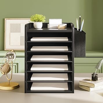 HOOBRO Adjustable Countertop Mail Sorter, 6 Tier Wooden Paper Organizer, Vertical Literature Organizer with Side Storage, Office Mailbox Cubbies, Classroom Mailbox, for Home, Office, Black BB34WF01