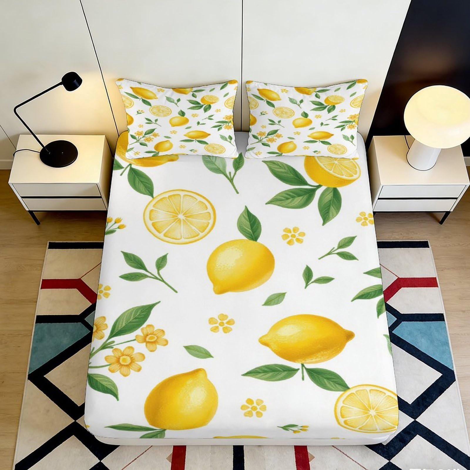 3D Printed Lemon Fruit Fitted Sheet Microfiber Soft Breathable Citrus Floral Mattress Cover for Bedroom Guest Room Decor 90x200x25cm