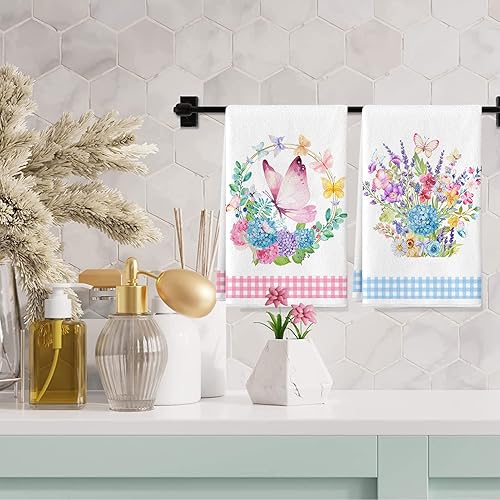 Miniatura 6 de Juego de 4 paños de cocina con diseño de mariposa de primavera, tulipanes, hortensias, flores, toallas de mano, paños de secado absorbentes, paños