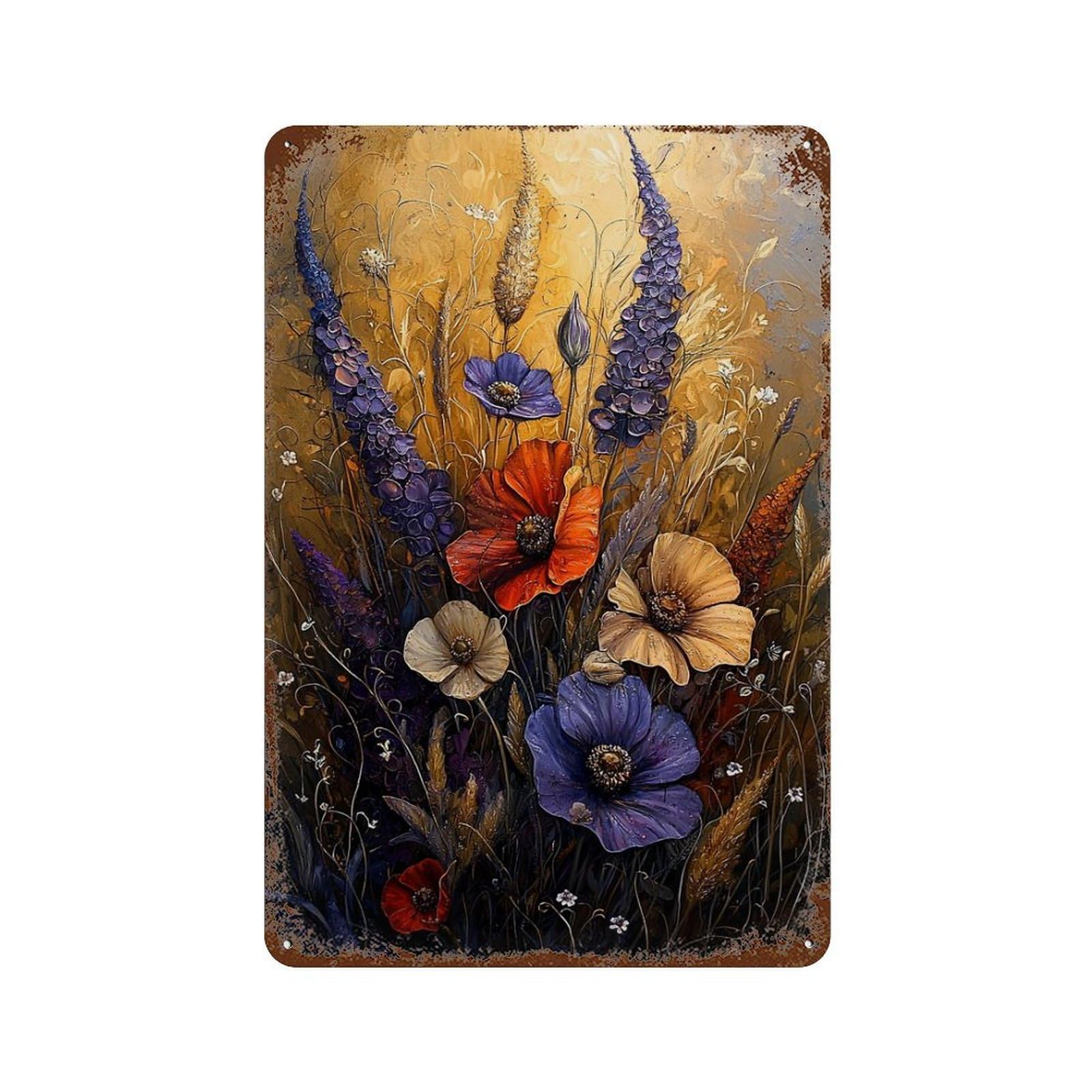 Wildflower Field Painting Rust Effect Tin Sign 11.8"x7.9", Farmhouse Wall Decor for Bistro, Counter And Cafe Decor